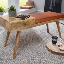 Sitzbank gepolstert 100cm Massivholz Echtleder Schublade Garderobenbank Flurbank