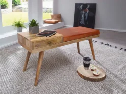 Sitzbank gepolstert 100cm Massivholz Echtleder Schublade Garderobenbank Flurbank