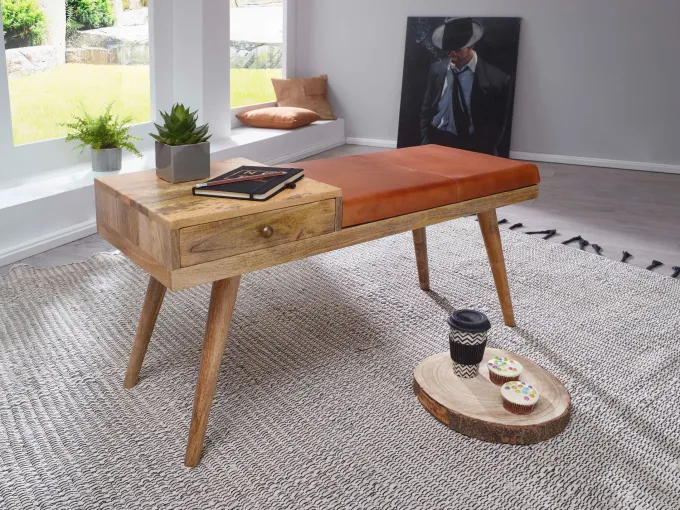 Sitzbank gepolstert 100cm Massivholz Echtleder Schublade Garderobenbank Flurbank