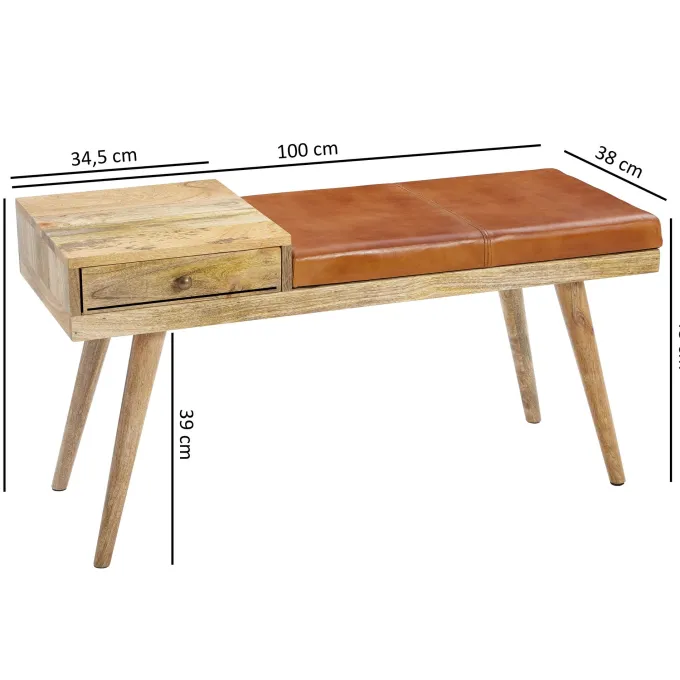 Sitzbank gepolstert 100cm Massivholz Echtleder Schublade Garderobenbank Flurbank