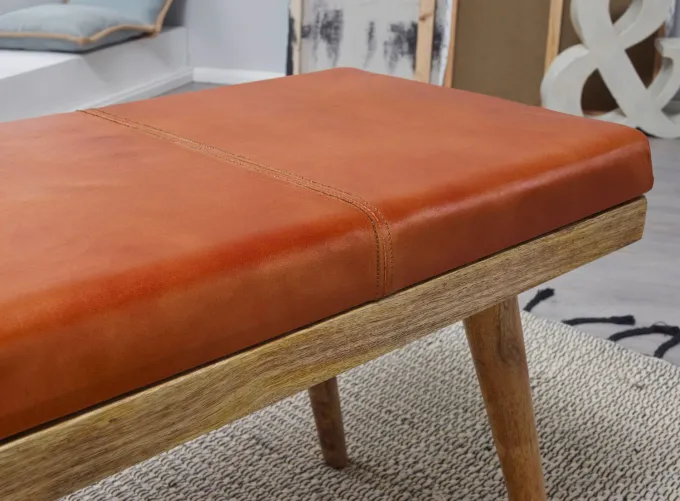Sitzbank gepolstert 100cm Massivholz Echtleder Schublade Garderobenbank Flurbank