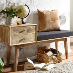 Sitzbank gepolstert 120cm Massivholz Stoff Schublade Garderobenbank Flurbank