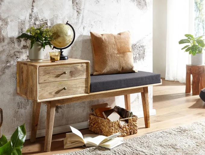 Sitzbank gepolstert 120cm Massivholz Stoff Schublade Garderobenbank Flurbank