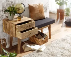 Sitzbank gepolstert 120cm Massivholz Stoff Schublade Garderobenbank Flurbank