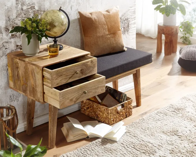 Sitzbank gepolstert 120cm Massivholz Stoff Schublade Garderobenbank Flurbank