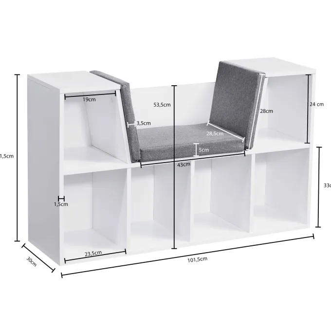 Sitzbank mit Stauraum Regal Weiß mit Sitzauflage in Grau Garderobe Standregal Garderobenbank