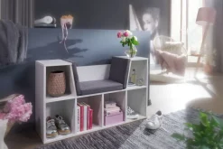 Sitzbank mit Stauraum Regal Weiß mit Sitzauflage in Grau Garderobe Standregal Garderobenbank