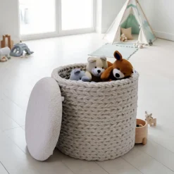 Sitzhocker FineBuy Hocker mit Stauraum Wolle rund 40x40x45 cm Creme Weiß Boho