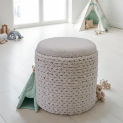 Sitzhocker FineBuy Hocker mit Stauraum Wolle rund 40x40x45 cm Creme Weiß Boho