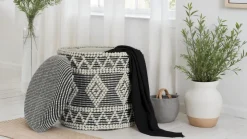 Sitzhocker FineBuy Polsterhocker Wolle Rund Grau 40 cm Boho Hocker mit Stauraum