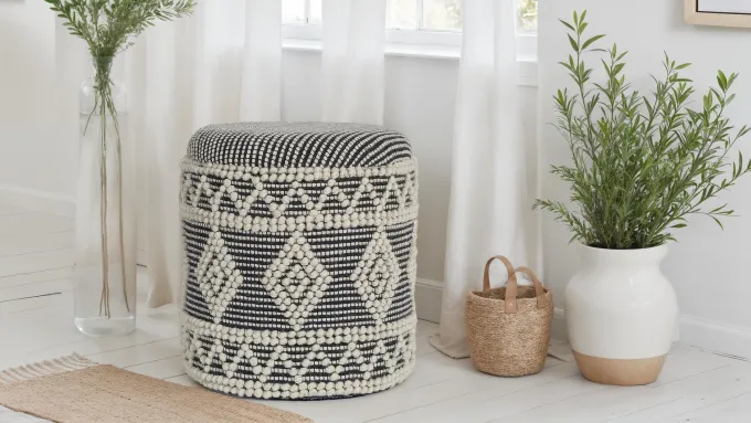 Sitzhocker FineBuy Polsterhocker Wolle Rund Grau 40 cm Boho Hocker mit Stauraum