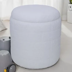 Sitzhocker FineBuy Stoffhocker mit Stauraum 40 cm Weiß rund abnehmbarer Deckel