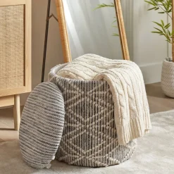 Sitzhocker mit Stauraum Stoff 40cm Grau Stoffhocker Rund Polsterhocker Hocker
