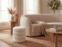 Sitzhocker mit Stauraum Teddy Stoff 40cm Creme Stoffhocker Rund Polsterhocker