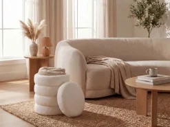 Sitzhocker mit Stauraum Teddy Stoff 40cm Creme Stoffhocker Rund Polsterhocker