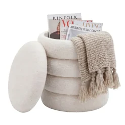 Sitzhocker mit Stauraum Teddy Stoff 40cm Creme Stoffhocker Rund Polsterhocker
