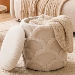 Sitzhocker mit Stauraum Teddy Stoff 40cm Creme Stoffhocker Rund Polsterhocker