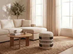 Sitzhocker mit Stauraum Wolle 40cm Beige Stoffhocker Rund Polsterhocker Stoff
