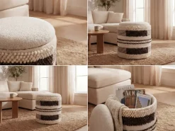 Sitzhocker mit Stauraum Wolle 40cm Beige Stoffhocker Rund Polsterhocker Stoff