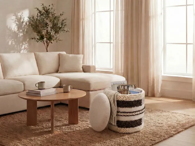 Sitzhocker mit Stauraum Wolle 40cm Beige Stoffhocker Rund Polsterhocker Stoff