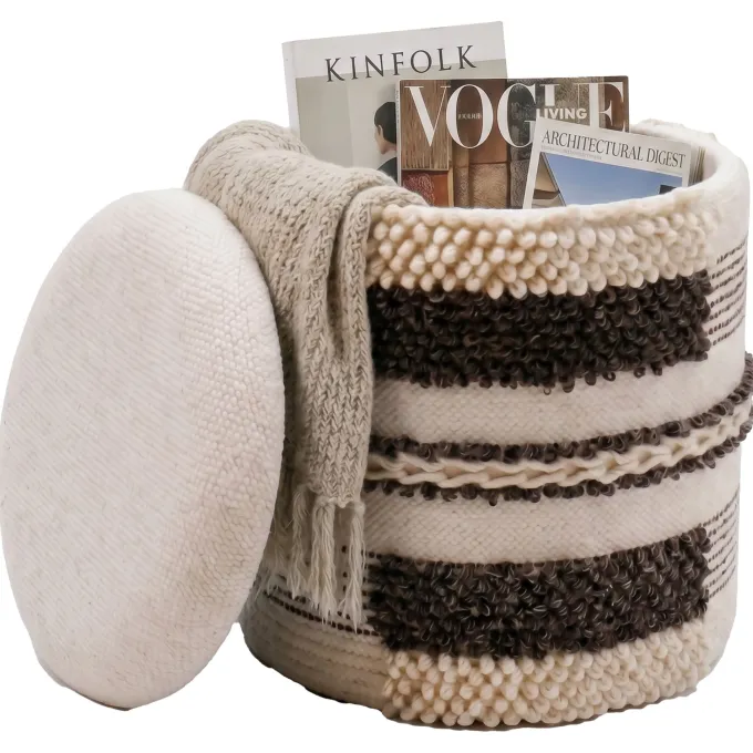 Sitzhocker mit Stauraum Wolle 40cm Beige Stoffhocker Rund Polsterhocker Stoff