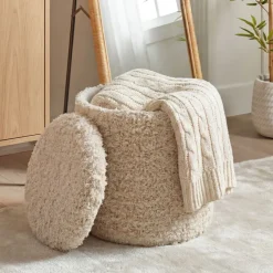 Sitzhocker mit Stauraum Wolle 40cm Beige Stoffhocker Rund Polsterhocker Stoff