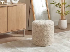 Sitzhocker mit Stauraum Wolle 40cm Beige Stoffhocker Rund Polsterhocker Stoff
