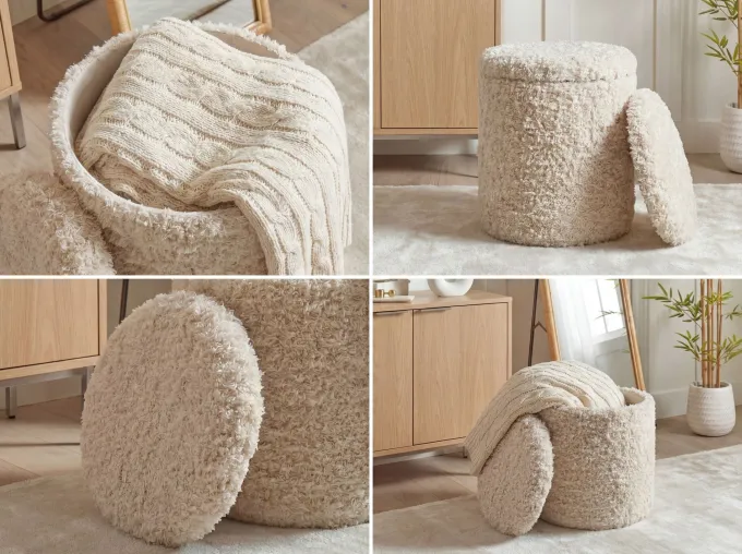 Sitzhocker mit Stauraum Wolle 40cm Beige Stoffhocker Rund Polsterhocker Stoff