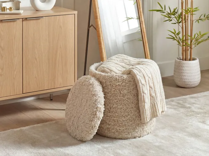 Sitzhocker mit Stauraum Wolle 40cm Beige Stoffhocker Rund Polsterhocker Stoff