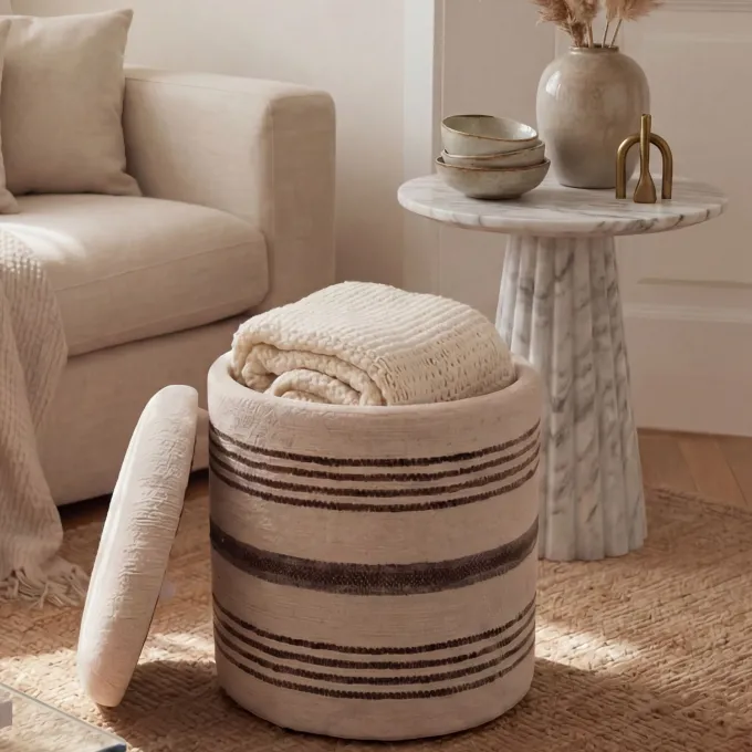 Sitzhocker mit Stauraum Wolle 40cm Beige Stoffhocker Rund Polsterhocker Stoff