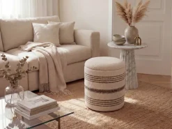 Sitzhocker mit Stauraum Wolle 40cm Beige Stoffhocker Rund Polsterhocker Stoff