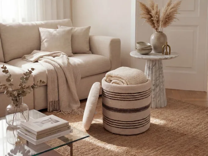 Sitzhocker mit Stauraum Wolle 40cm Beige Stoffhocker Rund Polsterhocker Stoff