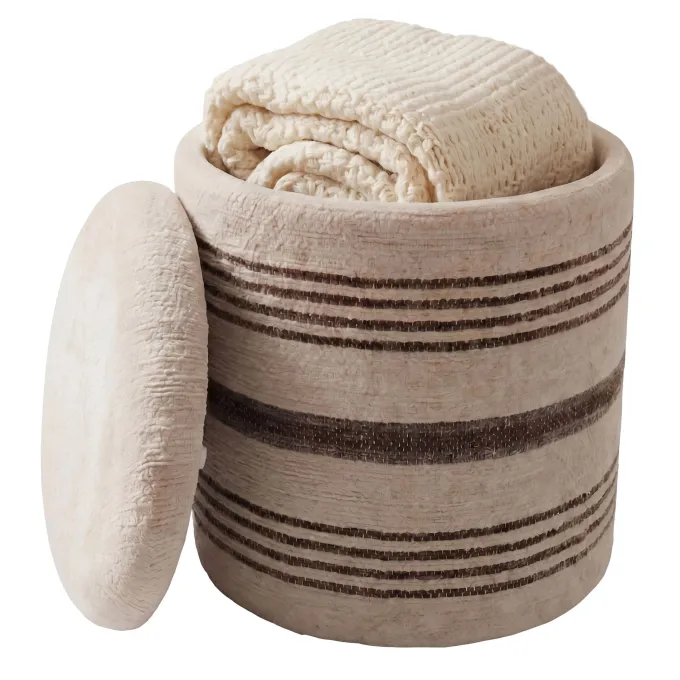 Sitzhocker mit Stauraum Wolle 40cm Beige Stoffhocker Rund Polsterhocker Stoff