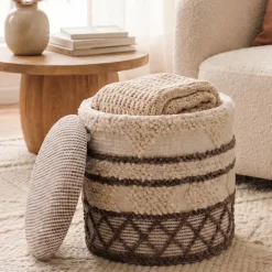 Sitzhocker mit Stauraum Wolle 40cm Beige Stoffhocker Rund Polsterhocker Stoff