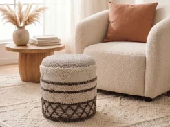 Sitzhocker mit Stauraum Wolle 40cm Beige Stoffhocker Rund Polsterhocker Stoff