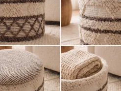 Sitzhocker mit Stauraum Wolle 40cm Beige Stoffhocker Rund Polsterhocker Stoff