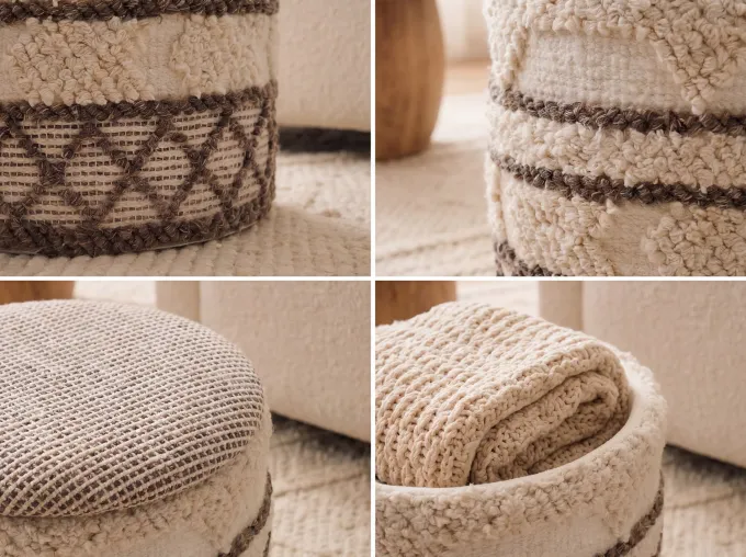 Sitzhocker mit Stauraum Wolle 40cm Beige Stoffhocker Rund Polsterhocker Stoff