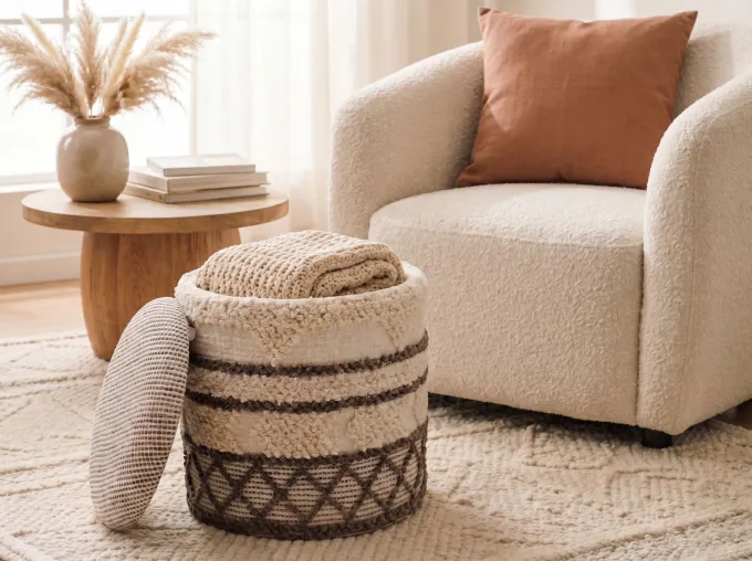 Sitzhocker mit Stauraum Wolle 40cm Beige Stoffhocker Rund Polsterhocker Stoff