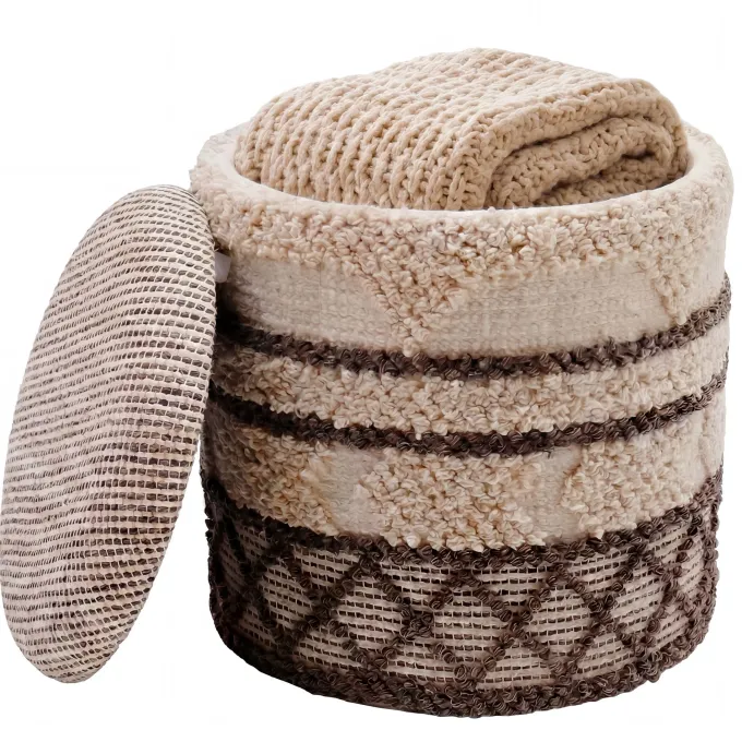Sitzhocker mit Stauraum Wolle 40cm Beige Stoffhocker Rund Polsterhocker Stoff