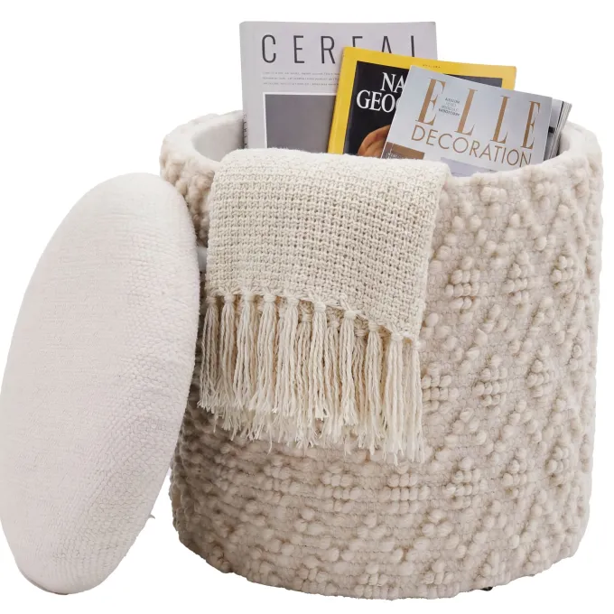 Sitzhocker mit Stauraum Wolle 40cm Creme Stoffhocker Rund Polsterhocker Stoff
