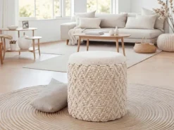 Sitzhocker mit Stauraum Wolle 40cm Creme Stoffhocker Rund Polsterhocker Stoff
