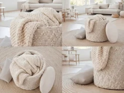Sitzhocker mit Stauraum Wolle 40cm Creme Stoffhocker Rund Polsterhocker Stoff