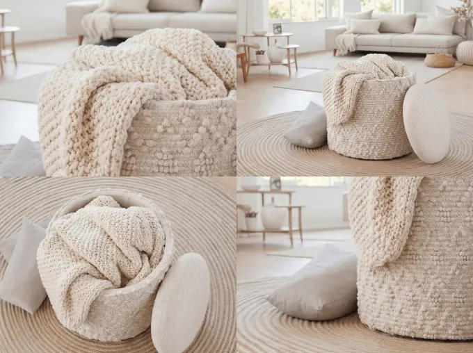 Sitzhocker mit Stauraum Wolle 40cm Creme Stoffhocker Rund Polsterhocker Stoff