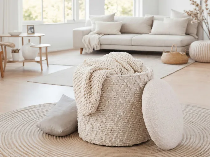 Sitzhocker mit Stauraum Wolle 40cm Creme Stoffhocker Rund Polsterhocker Stoff