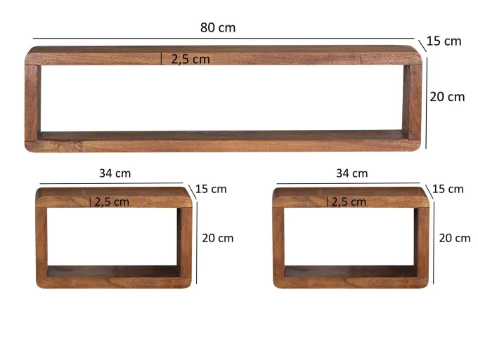 Standregal 3er Set Sheesham Holz Massiv Cube Dekoregal Holzregal Echtholz Regal