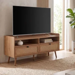 TV-Board 120cm Kommode Ablage & 2 Schubladen Wiener Geflecht Ratten Fernsehschrank Lowboard