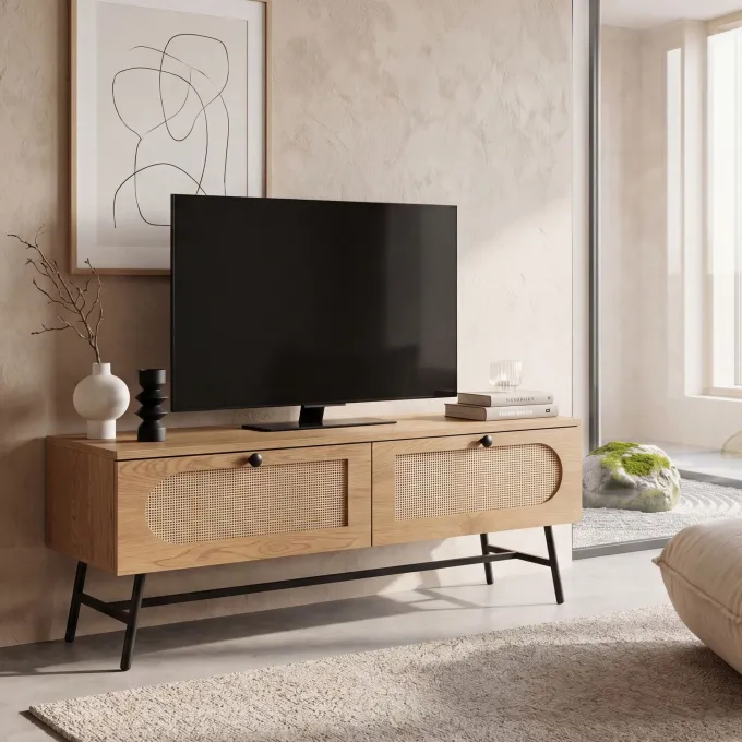 TV-Board 100cm MDF Eiche Dekor 2 Schubladen Wiener Geflecht Ratten Fernsehschrank Lowboard