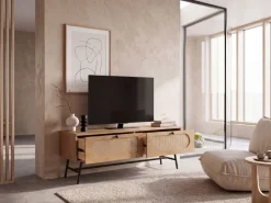 TV-Board 100cm MDF Eiche Dekor 2 Schubladen Wiener Geflecht Ratten Fernsehschrank Lowboard