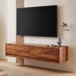 TV-Board Kommode 110cm hängend Sheesham Massivholz TV Lowboard mit 2 Schubladen