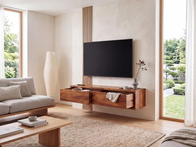 TV-Board Kommode 110cm hängend Sheesham Massivholz TV Lowboard mit 2 Schubladen